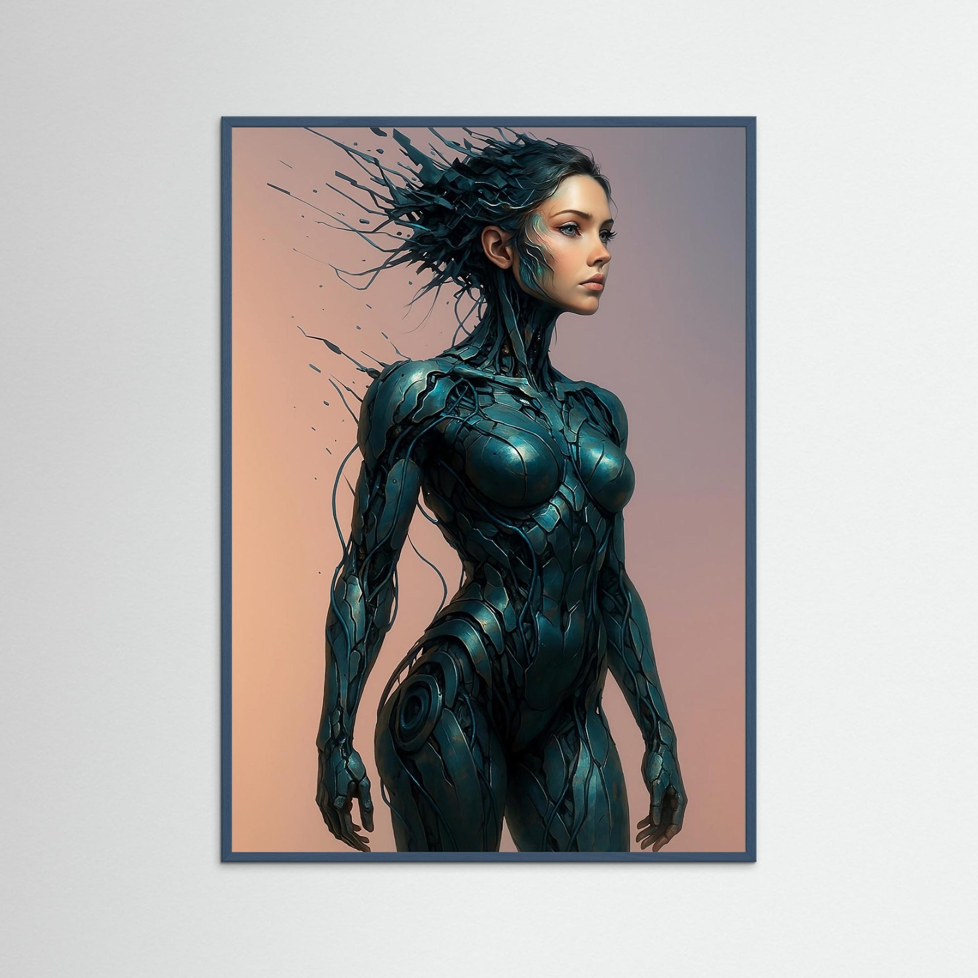 Wired Beauty als Kunstmotiv mit Echtholzrahmen in Petrol