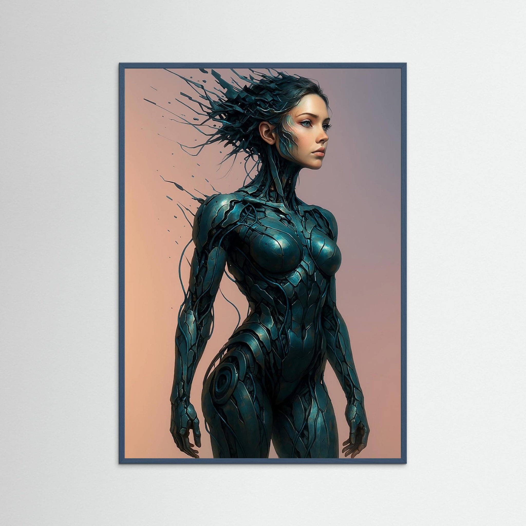 Wired Beauty als Kunstmotiv mit Echtholzrahmen in Petrol