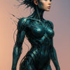 Futuristische Android-Frau mit blau-metallischer Haut, technoiden Details und aufgelöstem Kopf vor weichem Hintergrund