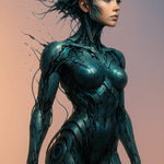 Futuristische Android-Frau mit blau-metallischer Haut, technoiden Details und aufgelöstem Kopf vor weichem Hintergrund