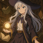 Anime-Hexe mit weißem Haar in Bibliothek, schwebende Bücher und leuchtende Magie in der Hand