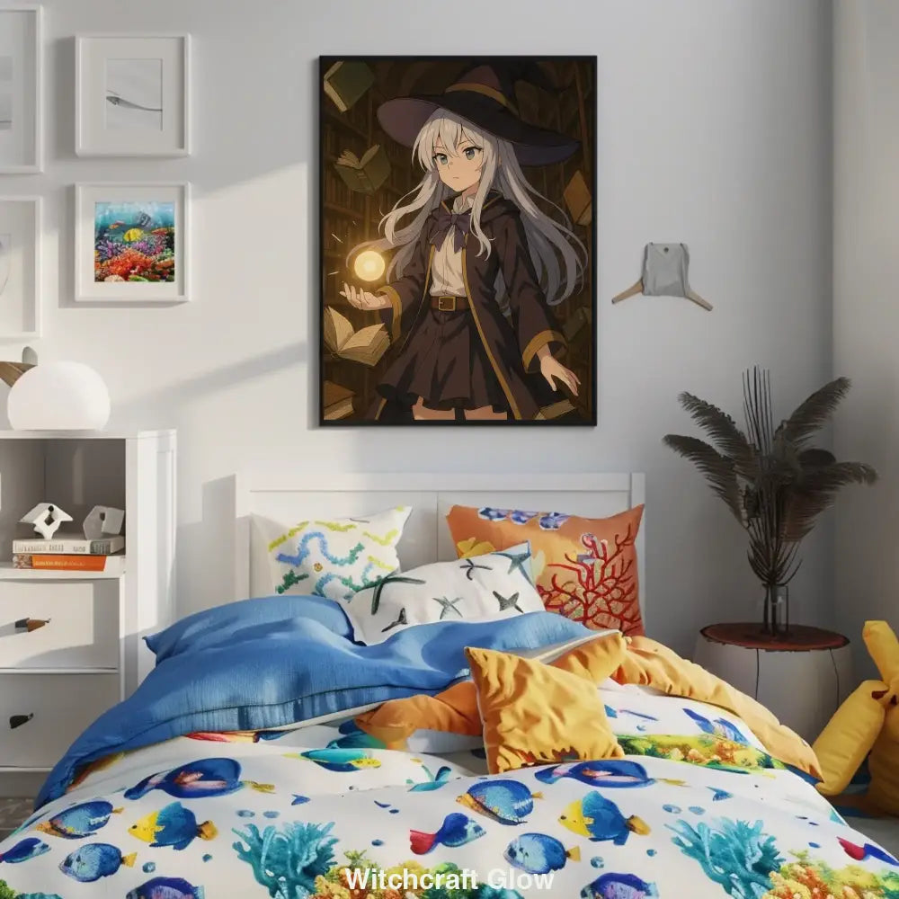 Anime-Hexe mit silbernem Haar beschwört eine leuchtende Kugel, umgeben von fliegenden Büchern in einer alten Bibliothek.