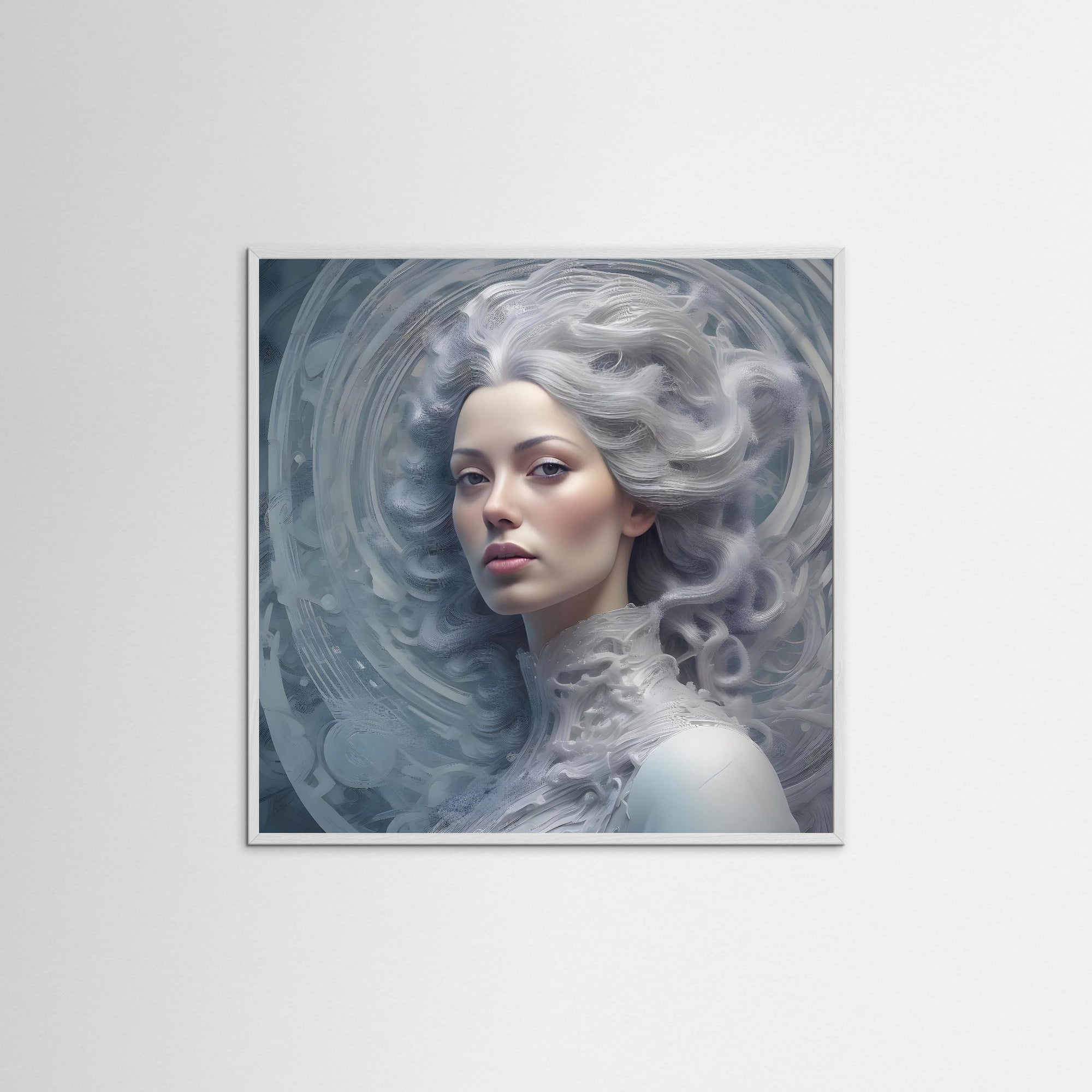 Woman in White als Kunstmotiv mit weißem Echtholzrahmen