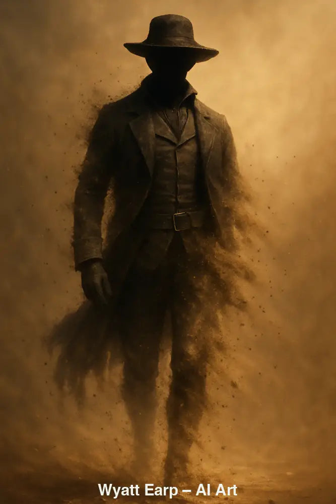 Wyatt Earp – AI Art, geheimnisvolle Western-Figur aus Staub und Asche, silhouettenhaft im goldenen Wüstenlicht.